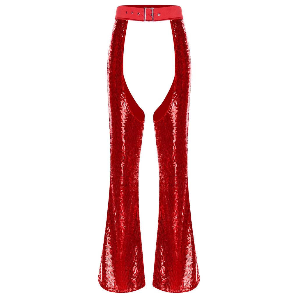 Womens Halloween Glitter Sequin Cowgirl Chaps Adjustable Waist Crotch Hollow Out Fully Lined Flared Pants