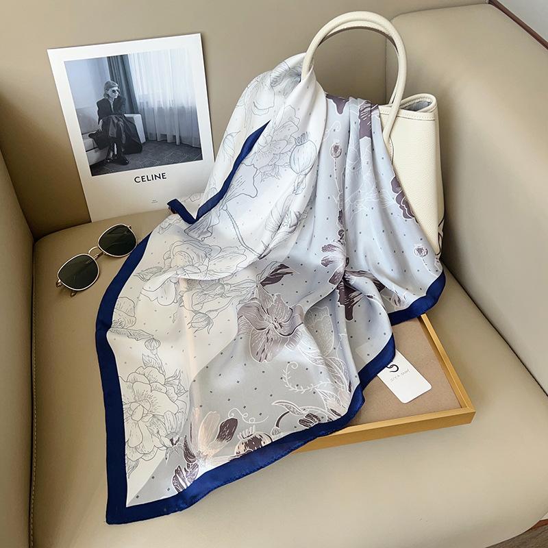 Small fresh and fashionable rose print square scarf sweet lady high temperament decorative scarf imitation silk square scarf