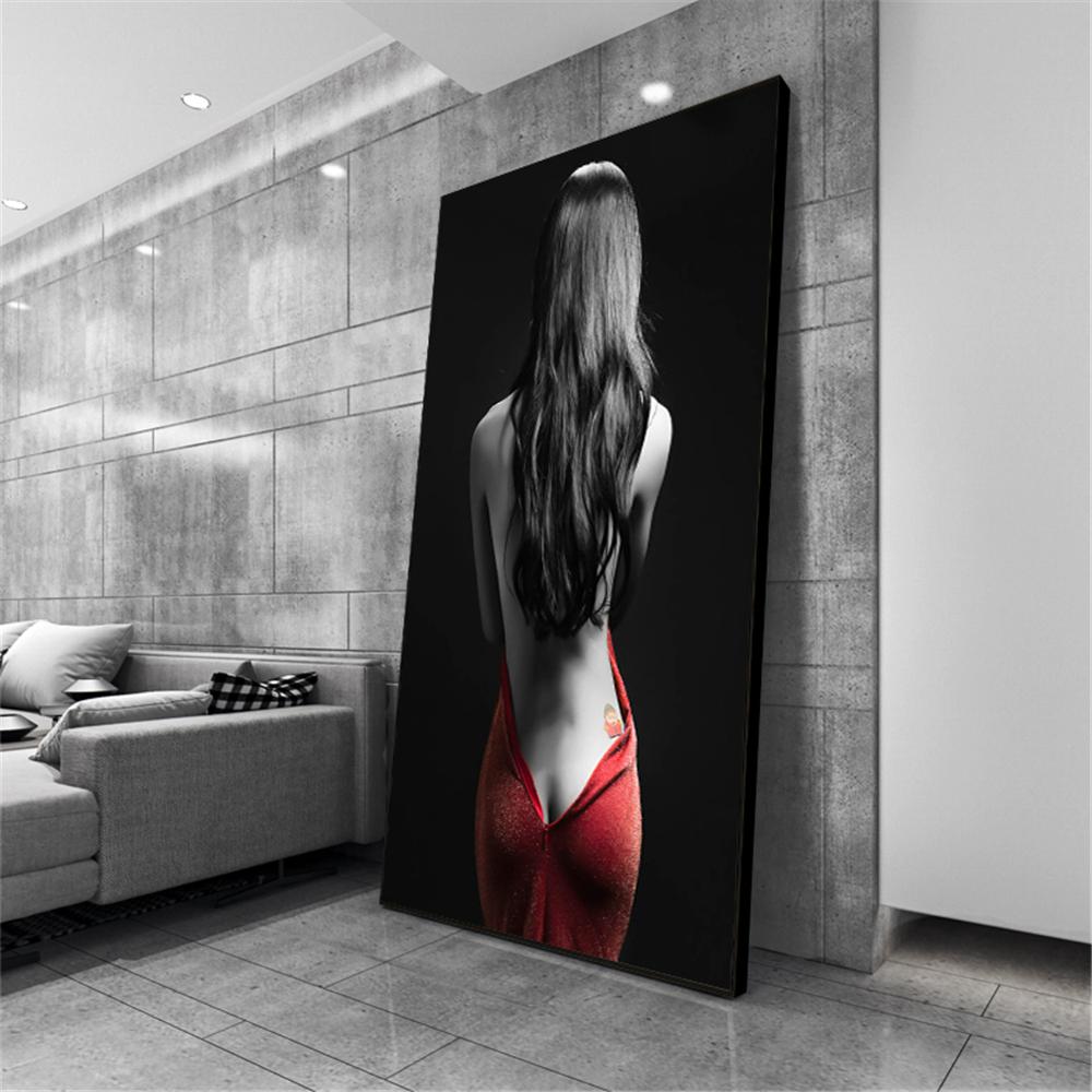 Обнаженная сексуальная девушка в красном платье, холст, картины на стене, красивые женские фотографии для современного украшения дома, гостиной