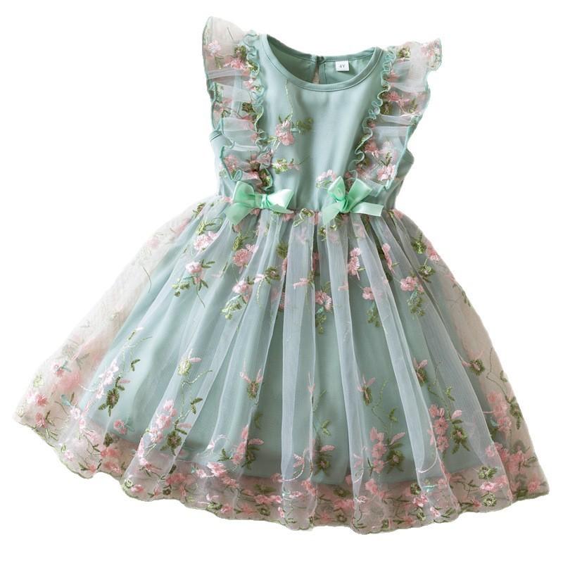 Girl Summer Princess Dress With Embroidered Flowers And Bow For Toddler Girls