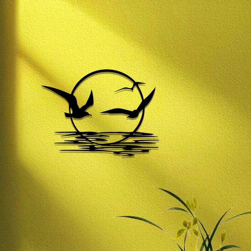 2D Flat Iron Sunrise And Seagulls Metal Wall Art. It Features A Circular Silhouette Design, Suiting Living Rooms, Bedrooms, Dining Areas, And Offices.