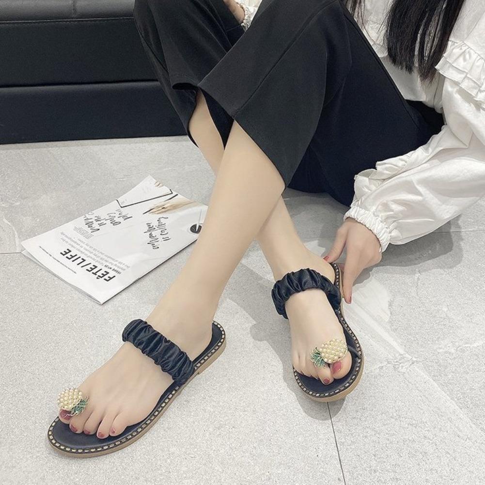 Мода 2025 Нескользящие тапочки Ананасовое кружево Пляжная обувь ГОРЯЧИЕ Сандалии большого размера Женские сандалии с пальцем Сандалии с водными стразами на плоской подошве