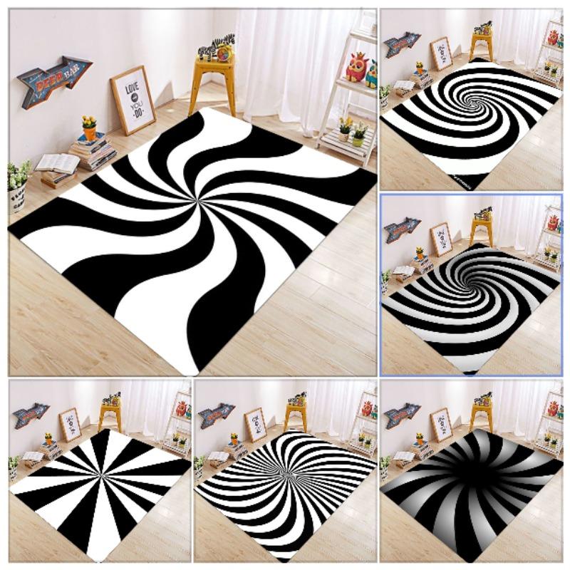 Black and White Intersecting Lines Optical Illusion Carpet Trap Area Anti Slip Square Living Room Short Plush Vortex Carpet