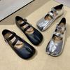 Silver Leather Split Toe Flat Shoes Woman Mary Janes Tabi Ninja Flats Female Cozy Dress Shoes Ankle Belt Moccasins Loafers