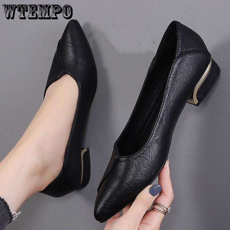 Single Shoe Women's Flat Bottomed Spring Thick Heel Pointed Leather Shoes Women's Work Shoes Lazy Shoes