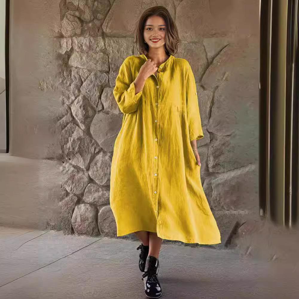 Весна 2024 Женское платье-рубашка с длинным рукавом из хлопка и льна