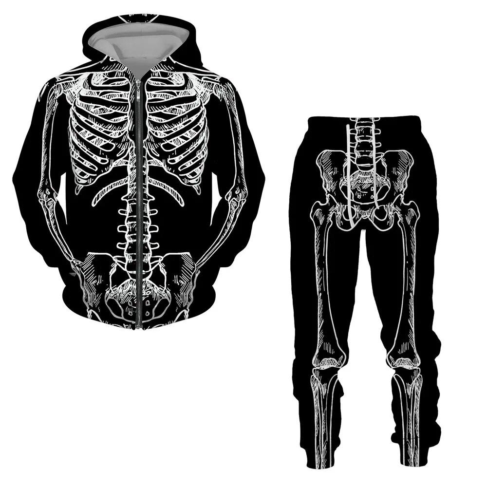 Хэллоуин косплей скелет Splanchna 3D принт на молнии спортивные костюмы мужские брюки с капюшоном комплект из 2 предметов уличная одежда костюмы
