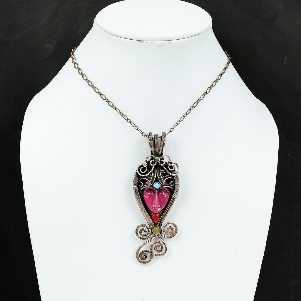 Розовая резная кость с лицом, кулон с драгоценным камнем, медная проволока, кулон, итальянский коралловый и бирюзовый кулон, медные украшения ручной работы, подарок на помолвку