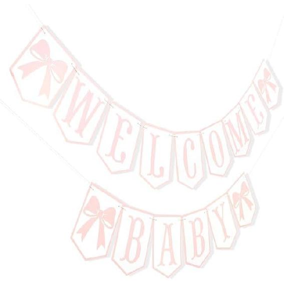 Welcome Baby Party Decorations - Pink Bow Banner,Pink Bow Welcome Baby Banner,Girls Gender Reveal Party Photo Props,Bow Theme Baby Party Hanging