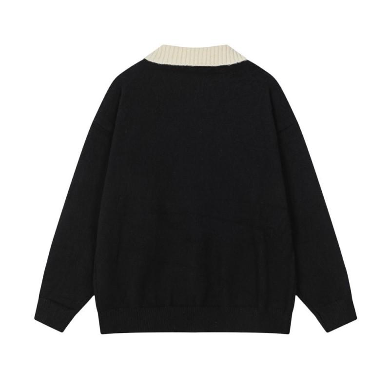 Fun Cartoon Dog Color Block Knit Sweater Men Loose Casual Long Sleeve Pullover Streetwear