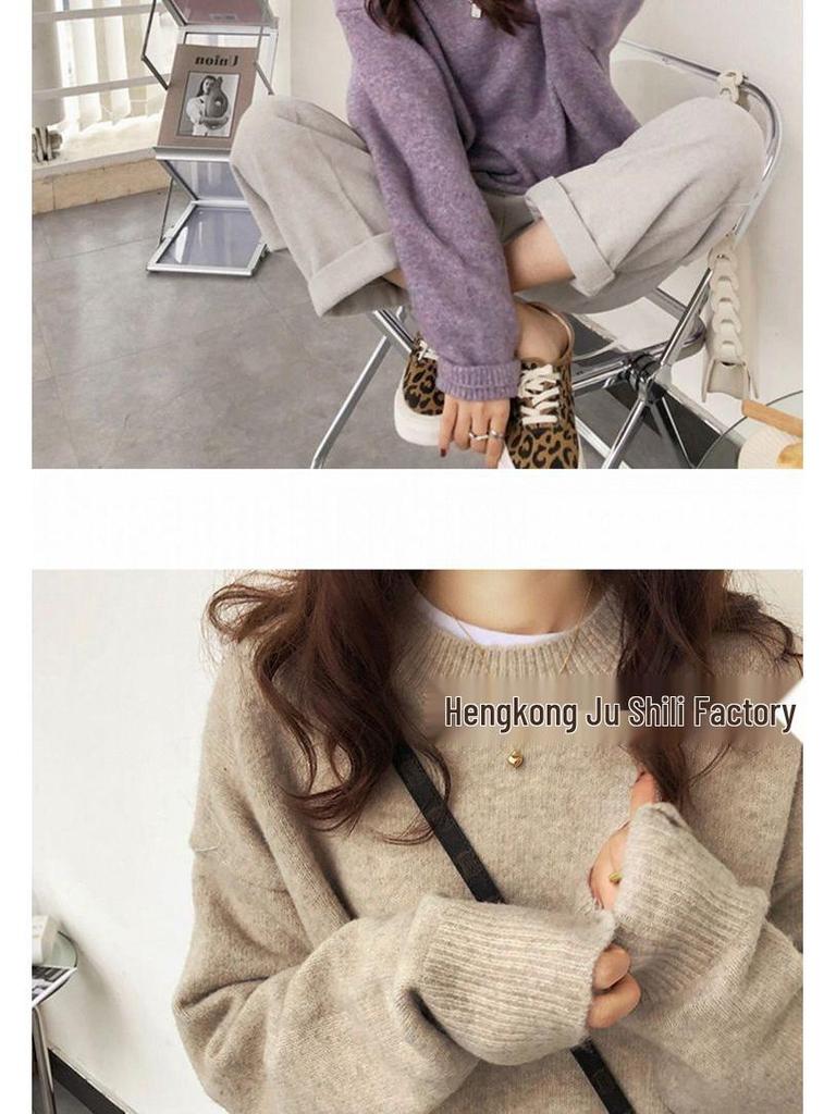 Женский вязаный свитер в ретро-стиле свободного кроя - Круглый вырез, однотонный, мягкий и плотный для сезона Осень/Зима 2025