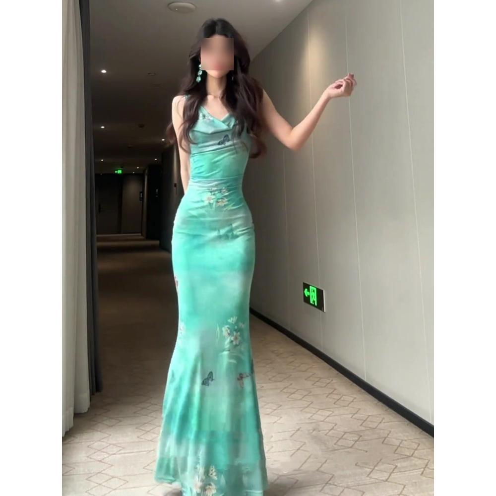 Французское зеленое платье-сарафан с принтом, с вырезом-качели, женское летнее для морского отдыха, красивое облегающее платье с рыбьим хвостом и драпировкой на бедрах