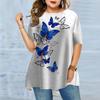 Плюс Размер Женская летняя темно-синяя футболка с принтом бабочек, удобная с короткими рукавами и круглым вырезом, повседневная мешковатая футболка средней длины