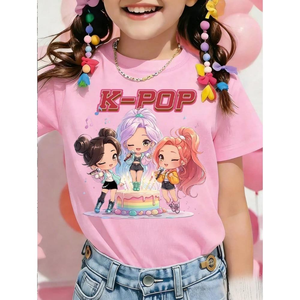 Kpop Style Short-Sleeve T-Shirts for Girls Funny Gift for Kids Summer Short Sleeve Tops Casual Round-Neck Outdoor Girls Clothes