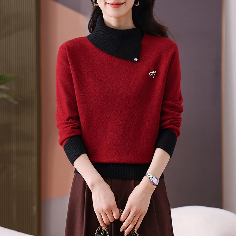 2026 Trendy Color Block Knit Sweater with Lapels - Stylish Women's Loose Fit Layered Top