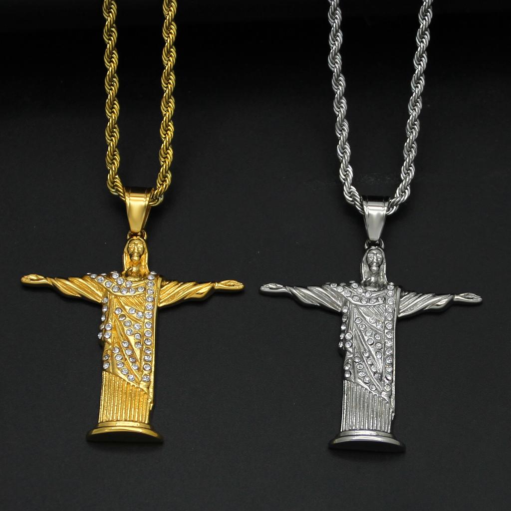 Christian Jesus Cross Rhinestone Necklace for Women Men Stainless Steel Choker Religion Pendants Jewelry Prayer Baptism Gifts