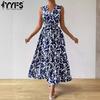 Женская мода лето-весна с цветочным узором и принтом без рукавов с v-образным вырезом и высокой талией повседневные платья