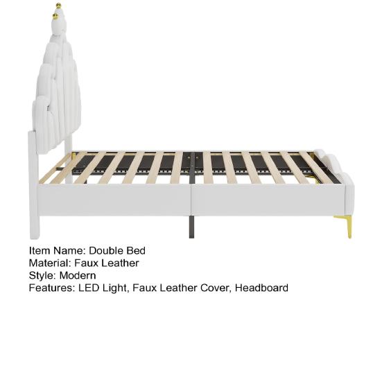Flat Bed 140x200cm Double Bed, Crown-Shaped Princess Soft Upholstery Made of Faux Leather, Adjustable LED Ambient Light Strip, White Upholstered