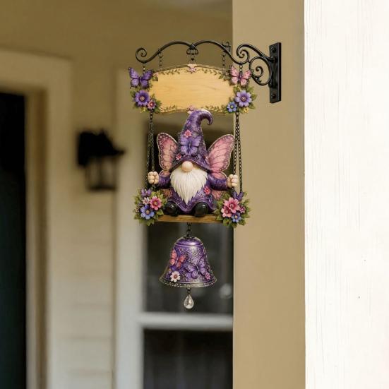Distressed Wood Grain Sign Garden Gnome Bell, Welcome Outdoor Hanging Doorbell, Bell Pendant Wind Chimes for Patio Home Porch Yard Decorations Unique