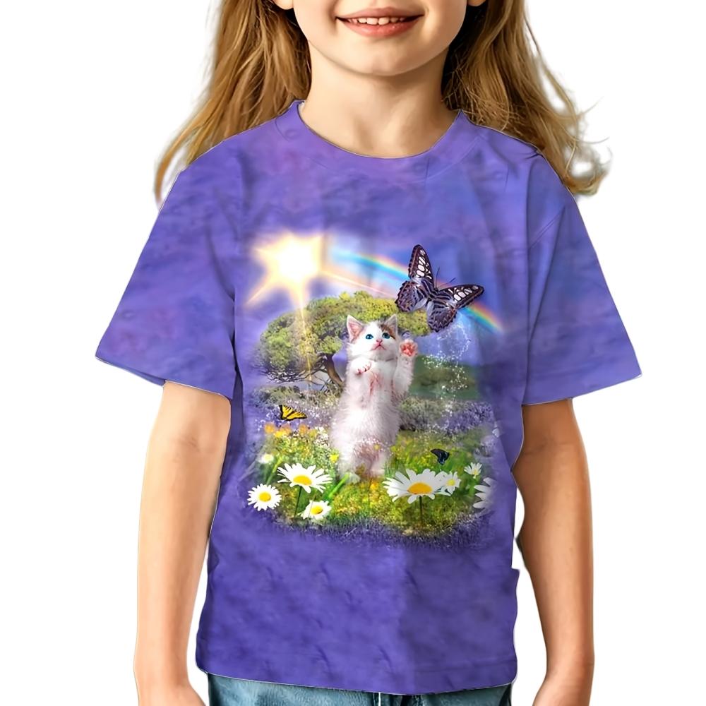 Детская футболка Одежда для девочек Животный 3D-принт Детский топ Летняя детская футболка Повседневная футболка с круглым вырезом Модная футболка Одежда для девочек-подростков