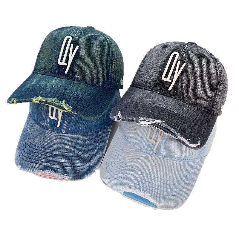 Washed denim hat for men, Korean style vintage sunshade baseball cap, fashionable and versatile, embroidered soft-top distressed duckbill cap for
