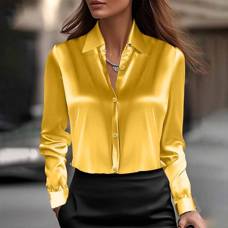 2025 Shein Elegant Long Sleeve Satin Swing Collar Top for Women - Spring/Autumn
