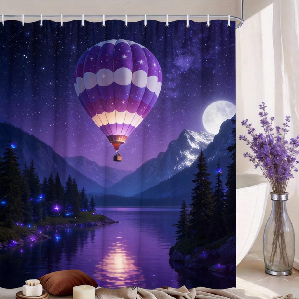 Hot Air Balloon Shower Curtain Mountain Lake Landscape Print Polyester Bath Curtain With Hooks For Nature Adventure Decor
