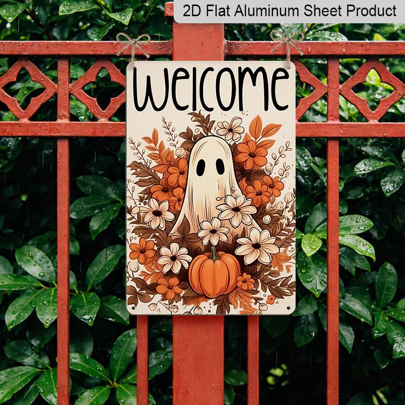 2D Flat Welcome Cute Ghost Floral Pumpkin Autumn Metal Sign - 8.0x12.0inch Aluminum Wall Art, Vintage Neutral Floral Halloween Front Porch Decor