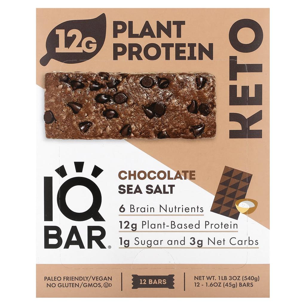 IQBAR Plant Protein Bar, Chocolate Sea Salt, 12 Bars, 45g (1.6oz) Each