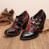 Genuine Leather Retro Printed Pumps Women Shoes Round Toe Fashion High Heels Handmade Ladies Shoes