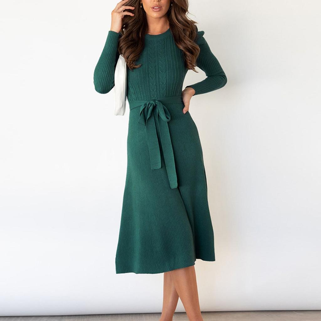 Women's Casual Solid Color Bubble Long Sleeved Knitted Skirt Mid Length Long Sleeved Dress