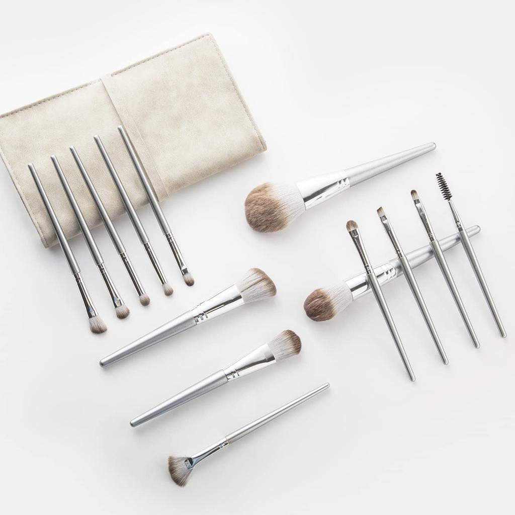 Набор кистей для макияжа YINAN Studio, 14 мягких кистей для макияжа в элегантном кожаном чехле, популярный набор кистей серебристого цвета