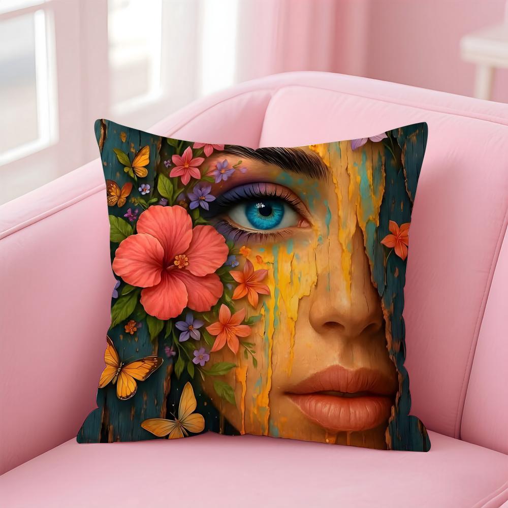 Square Bright Color Flower Girl Cushion Cover Pillow Case Soft Skin Friendly Fabric Concealed Zipper