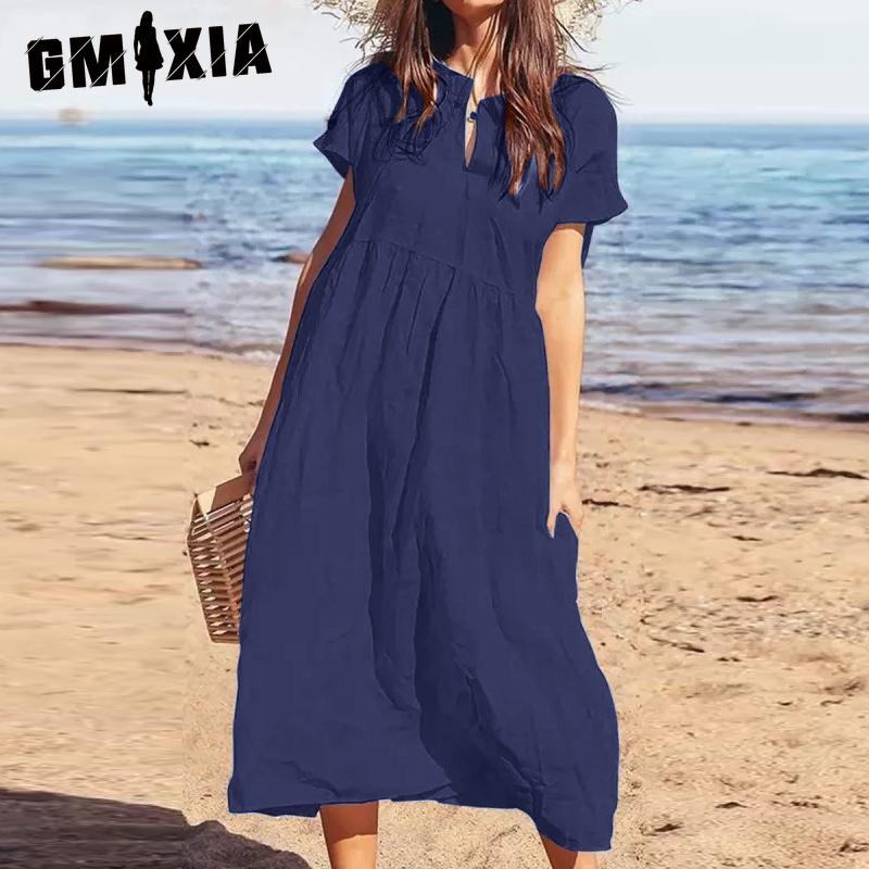 GMXIA Women's Fashion Summer Spring Solid Color Print High Waist Casual Dresses