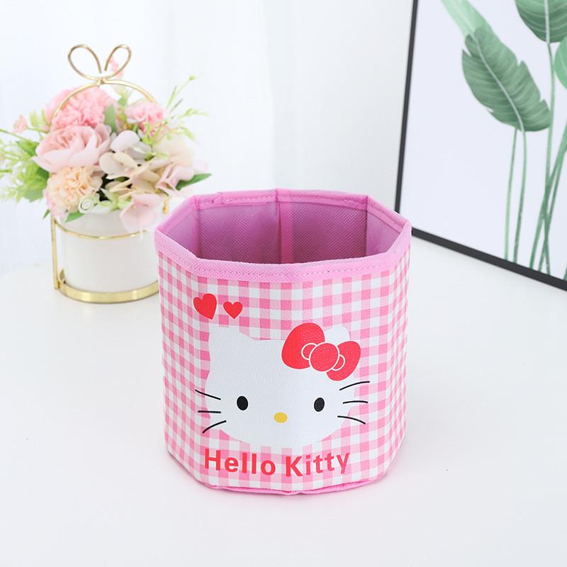 Pu Cartoon Grid Round Storage Bin With Foldable Design For Desk Organization And Office Use