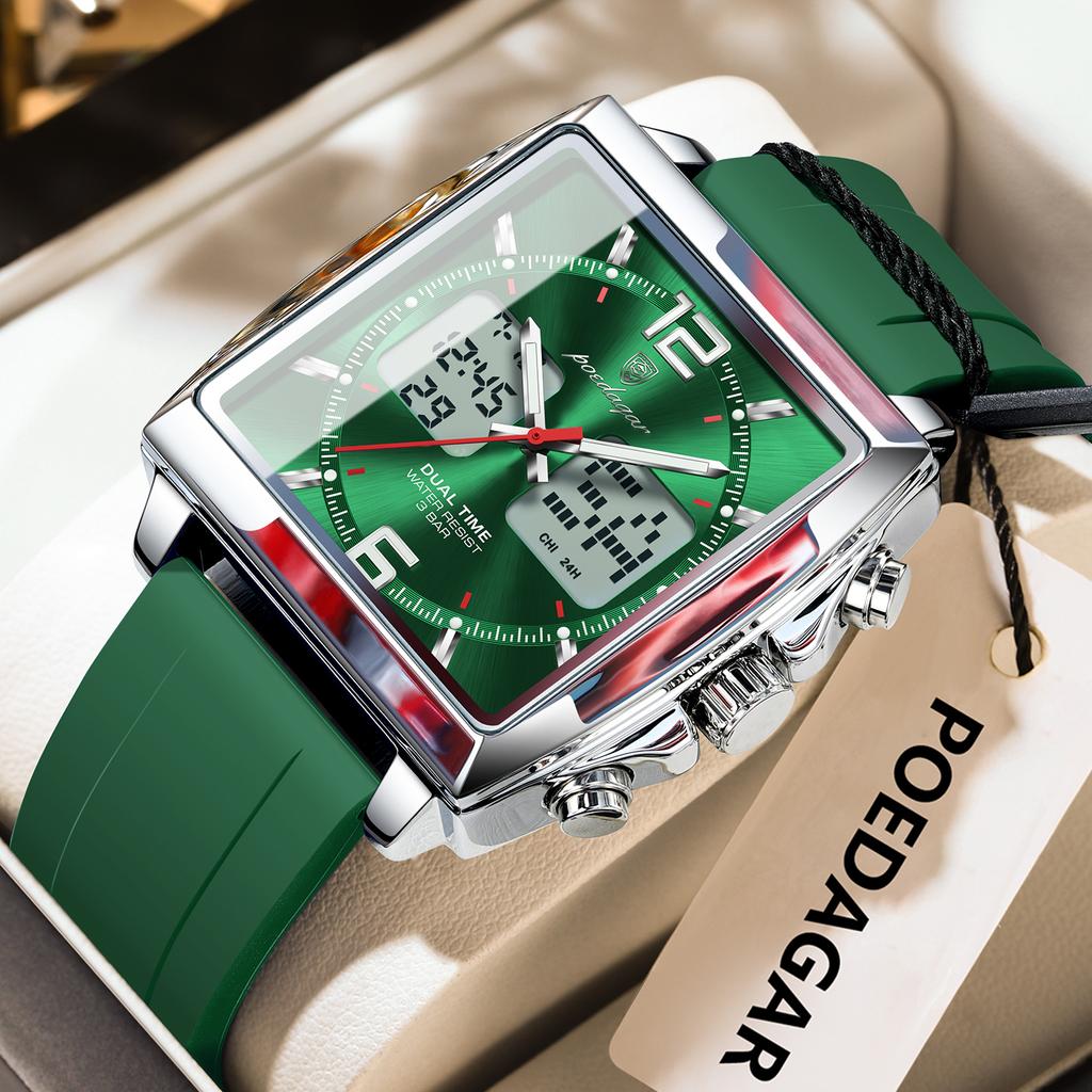 POEDAGAR Luxury Top Man Watch Electronic Square LED Alarm Chronograph Watches Week Date Dual Time Display Quartz Clock