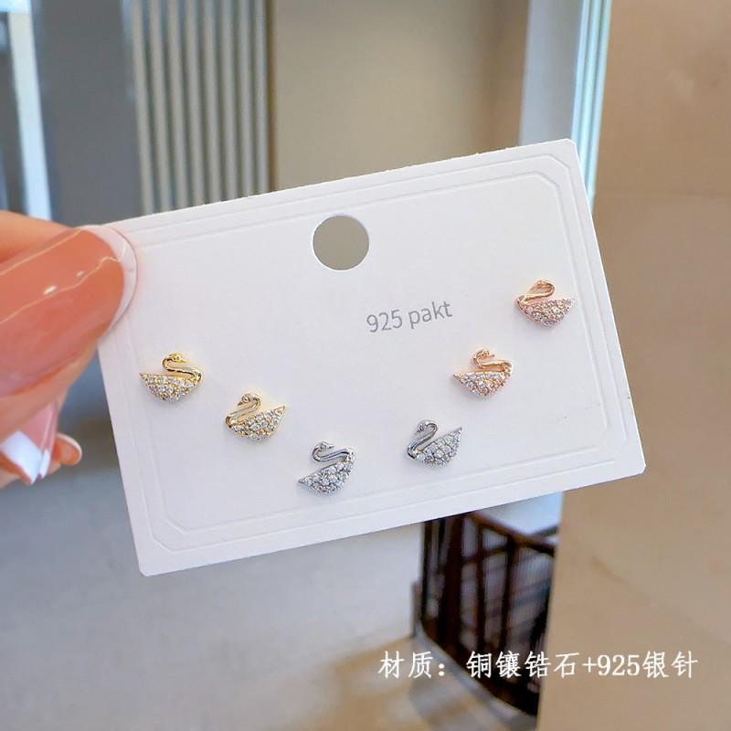 Minimalist Stud Earrings Set 3 Pairs Gold Tone CZ Geometric Floral Design Women Daily Wear