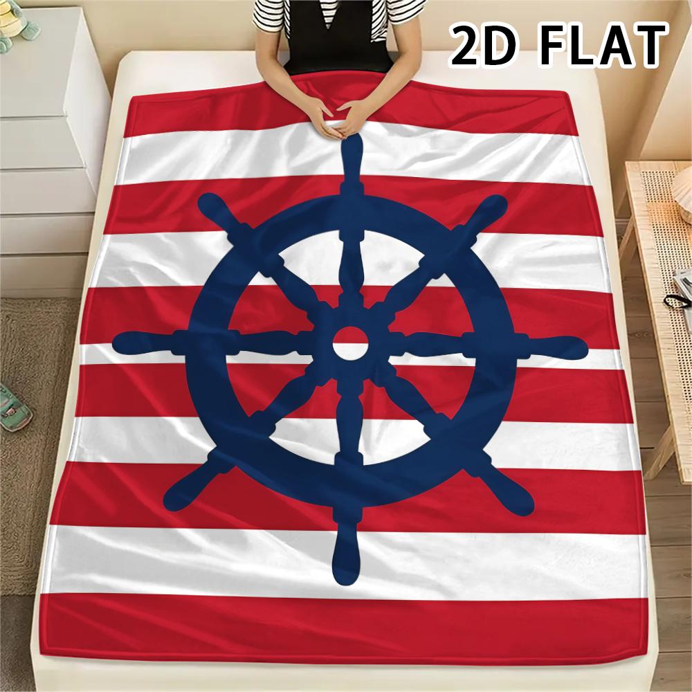 1Pc 2D FLAT Red Stripe Marine Print Flannel Blanket,High quality Comfortable for All Seasons,Home Decor,Warmth and Comfort,Perfect for Christmas Gifts