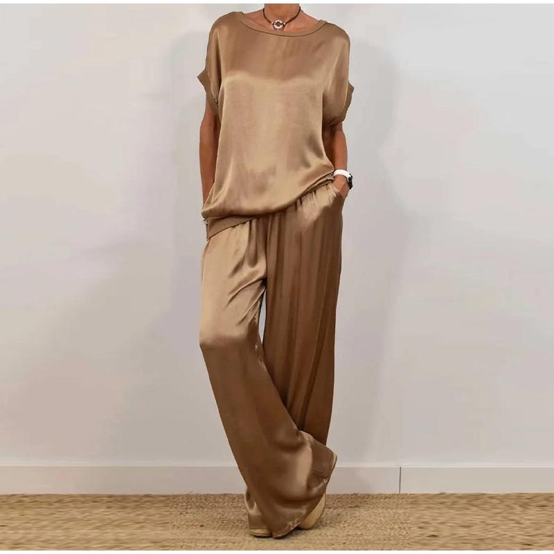 Повседневный однотонный комплект с круглым вырезом, женский модный свободный свитер с коротким рукавом, топы с широкими штанинами, длинные комплекты из 2 предметов для женщин на лето