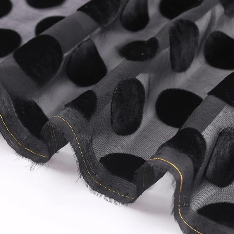 1meter Black Polka Dot Jacquard Velvet Fabric African Lace Brocade Burnout Velour Fabrics for Sewing DIY Clothing 114cm Width