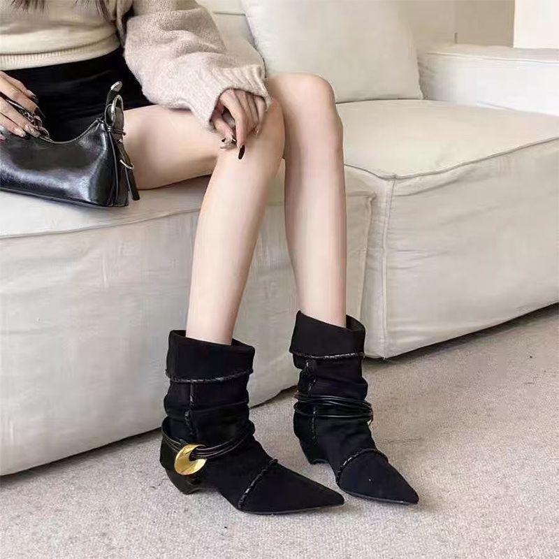 Женские замшевые ботильоны на низком каблуке в стиле ретро 2025: Остроносый, Сборчатый, С завязками, Многосторонний Модный