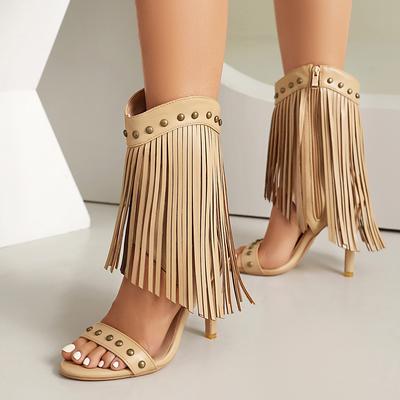 Женские сандалии с бахромой Летние ботинки до середины икры На шпильке Декор заклепками Сексуальные туфли на тонком высоком каблуке