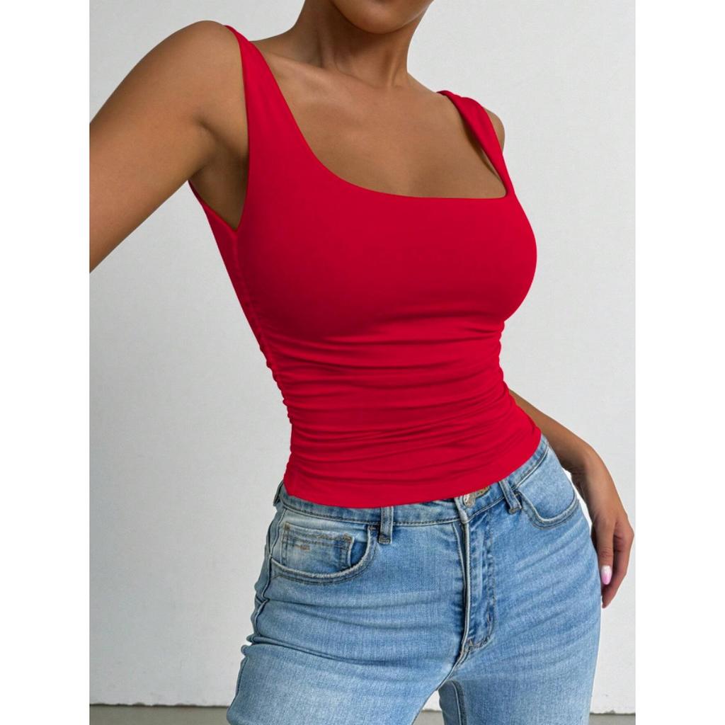 Women's Sleeveless Camisole Vest with Square Neckline, Casual Basic Style, Exposed Navel Top