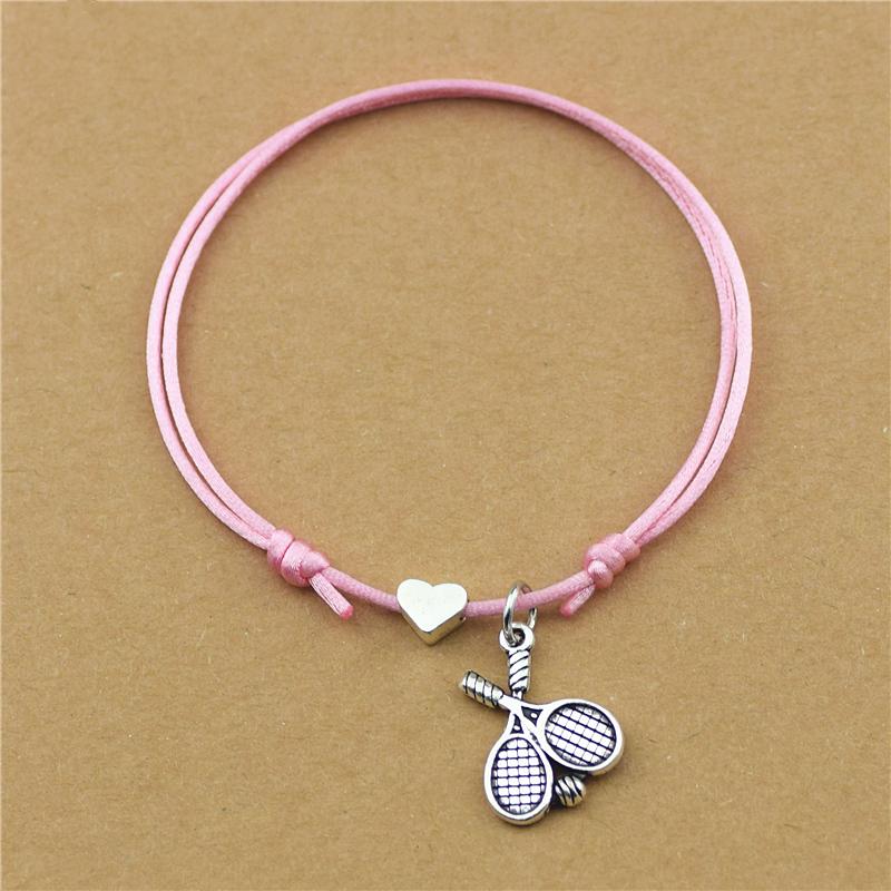Новая спортивная тема, двойная теннисная ракетка, браслеты-подвески, регулируемое сердце любви, красный шнур, черная веревка, браслеты, подарки для теннисной команды