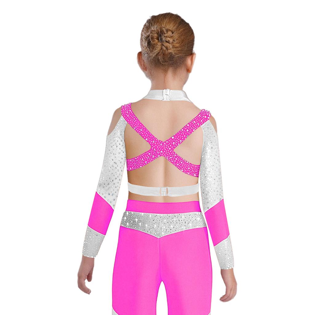 Girls Gymnastics Dance Top Long Sleeve Shiny Rhinestone Color Block Cross Back Cutout Crop Top