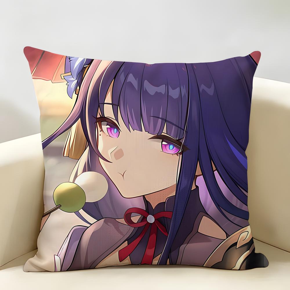 Райден Сёгун Genshin Impact Наволочка Натуральный Лен Органическая Ткань Двусторонняя Печать Декор Комнаты Дивана Чехол для Подушки