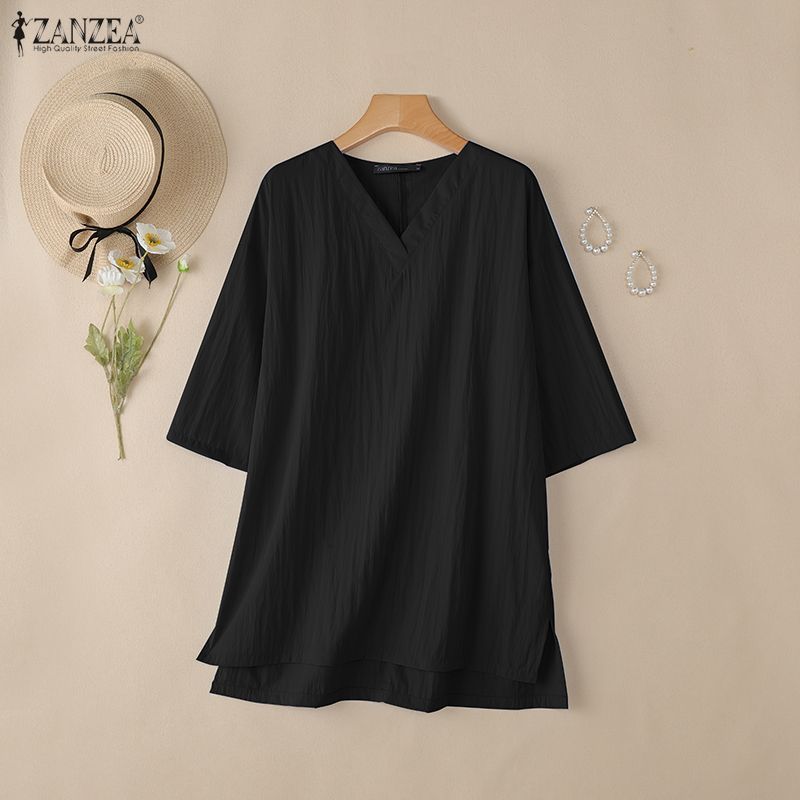 ZANZEA Women Casual V Collar 3/4 Sleeve Solid Color Loose Long Tunic Blouse