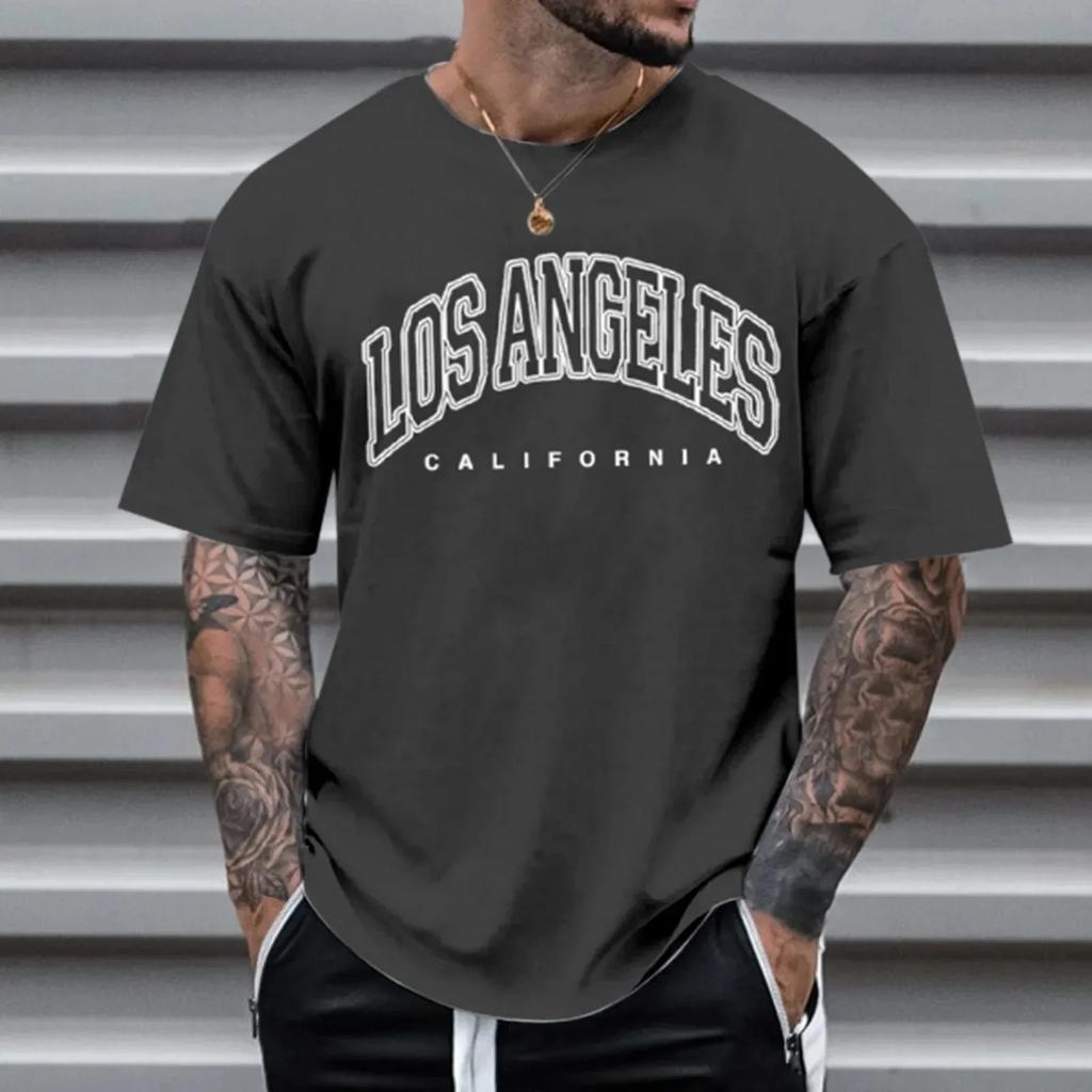 Los Angeles Letter Print T-shirts Cotton Men Clothes Vintage Sports Short Sleeve T Shirt Summer Fitness Loose Plus Size Shirts