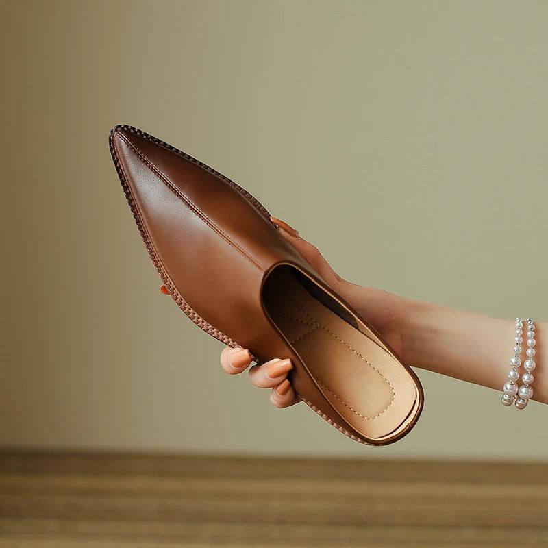 2024 Новые женские мюли из натуральной кожи, модные летние тапочки на высоком толстом каблуке, женские повседневные офисные черные коричневые туфли для женщин