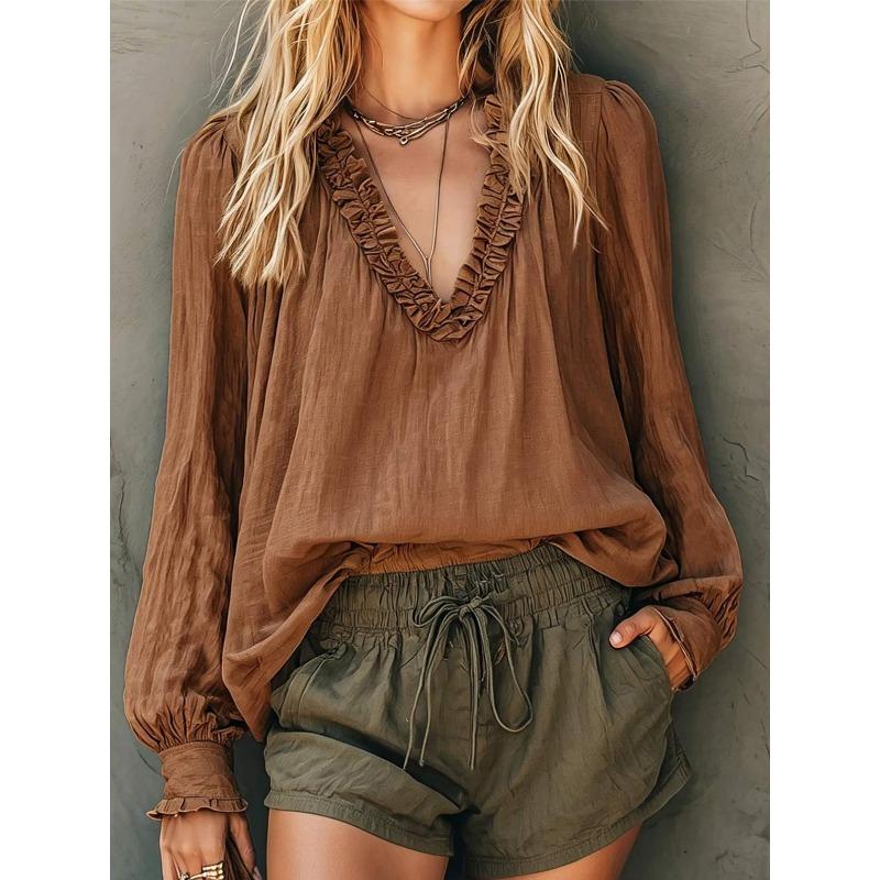 Women S Long Sleeve Lantern Sleeve V Neck Ruffled Blouse